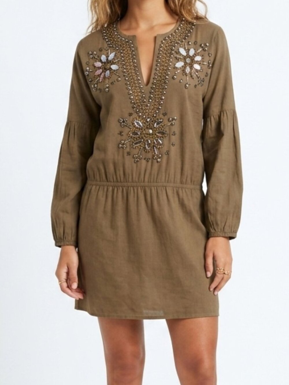 Michael Kors Jewel Embellished Long Sleeve Cotton Mini Dress - Sz. XXS